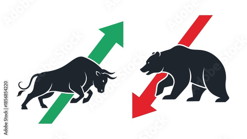Minimal flat vector icon set representing bull and bear market trends
