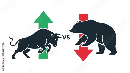 Minimal flat vector icon set representing bull and bear market trends