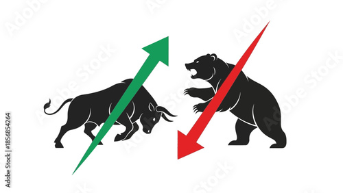 Minimal flat vector icon set representing bull and bear market trends