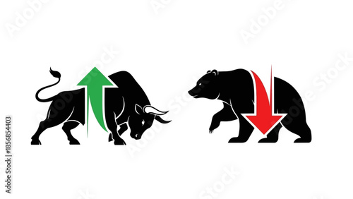 Minimal flat vector icon set representing bull and bear market trends
