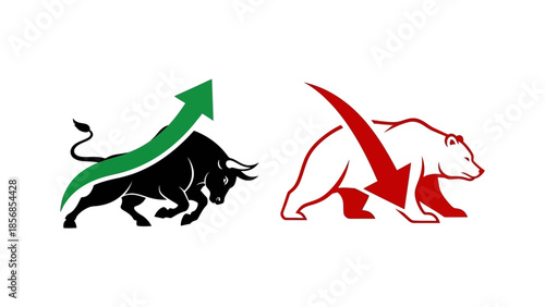 Minimal flat vector icon set representing bull and bear market trends