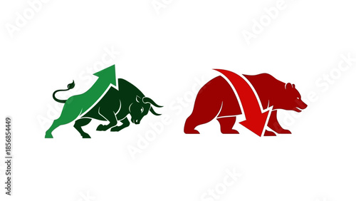 Minimal flat vector icon set representing bull and bear market trends