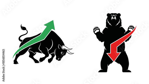 Minimal flat vector icon set representing bull and bear market trends