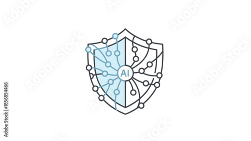 AI security shield representing protection, data privacy, and cyber defense with integrated network nodes and circuits