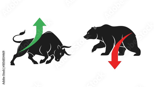 Minimal flat vector icon set representing bull and bear market trends