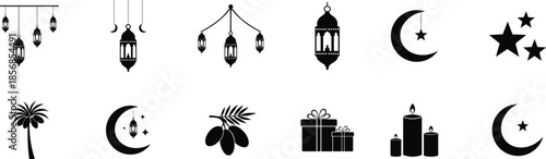 Silhouette of ramadan kareem decorative icons and symbols