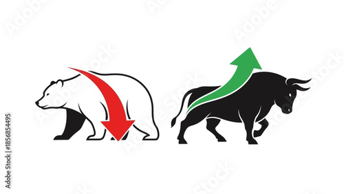 Minimal flat vector icon set representing bull and bear market trends