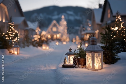 A serene winter landscape, festive lanterns casting a warm, inviting glow upon a snow-covered pathway, leading towards a charming village adorned with twinkling lights.
