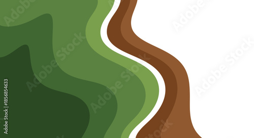 Abstract organic shapes, nature-inspired, green and brown flowing waves on white background