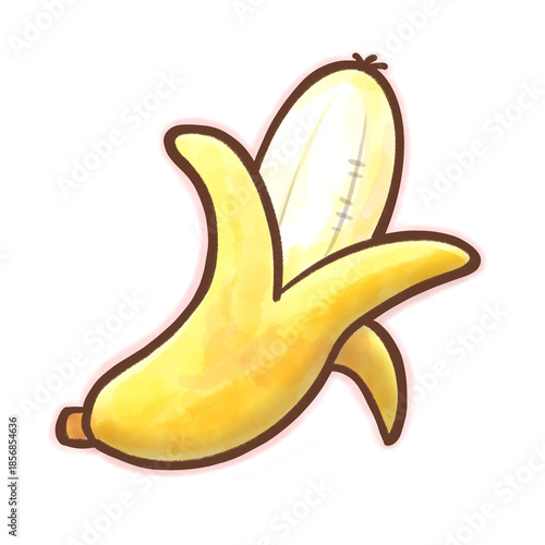 Watercolor Cute Peeled Banana Illustration, Simple Fruit for Kids Nutrition, Isolated, Copy Space