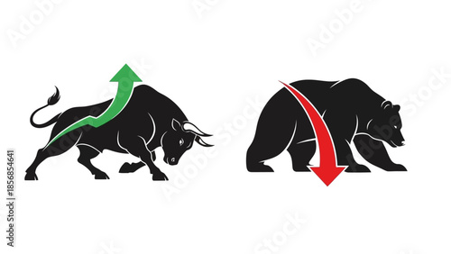 Minimal flat vector icon set representing bull and bear market trends