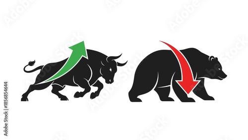 Minimal flat vector icon set representing bull and bear market trends