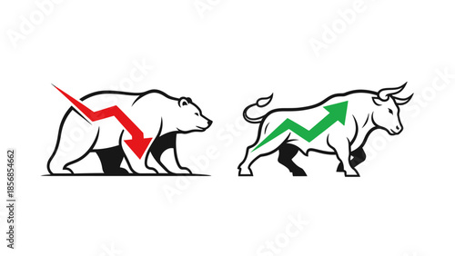 Minimal flat vector icon set representing bull and bear market trends