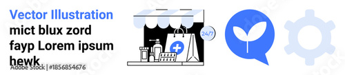 E-commerce, eco-friendly practices, healthcare solutions, innovation, digital services, technology integration. A storefront with shopping bags, a leaf in a speech bubble and a gear. E-commerce