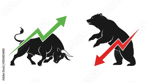 Minimal flat vector icon set representing bull and bear market trends