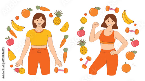 Digital health illustration of two side-by-side figures comparing body shape and fitness level, medical wellness concept, clean infographic style, ideal for healthcare, nutrition and fitness marketing