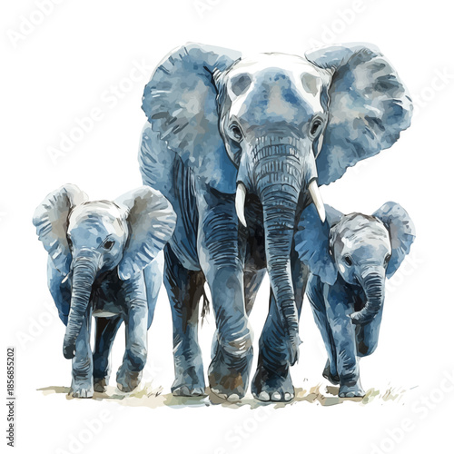 Elephant Walking Slowly, colorful watercolor painting with bold outlines, isolated on a white background.