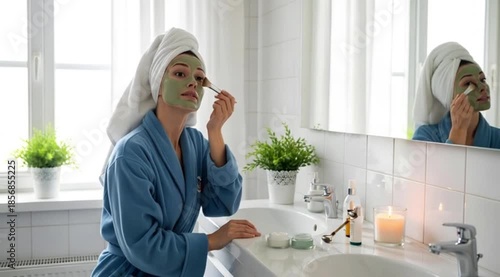 Self-Care Ritual: A moment of tranquility as a woman indulges in a relaxing skincare routine, applying a facial mask in the peaceful ambiance of a well-lit bathroom, promoting self-love.