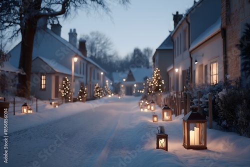 A quaint snow-covered village street, beautifully illuminated with twinkling lights, evokes a sense of festive charm and tranquility.