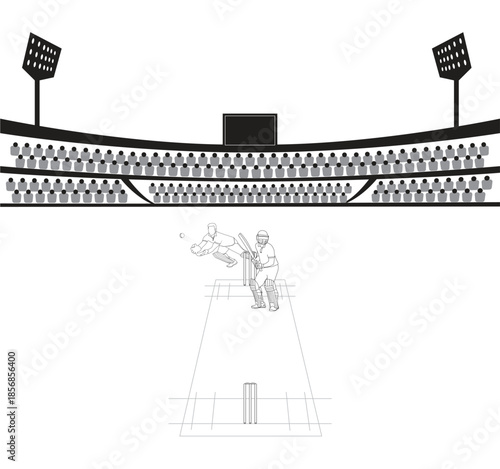 Cricket stadium vector illustration, Hand drawing line art cricket field, Sketch playground, Cricket stadium with batsman, Largest Cricket Stadium, Sports Line art vector design, Crowded stadium.