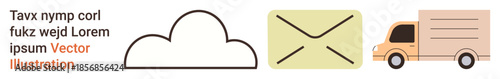 Communication, cloud storage, logistics, data exchange, parcel delivery, efficient communication. A cloud, envelope and a delivery truck icon. Communication and cloud storage concept