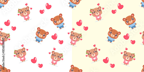 Cute seamless pattern with loving bear couple and hearts for kids fabric, nursery decor, wrapping paper, valentines cards, stationery, packaging, wallpapers and sweet romantic design projects