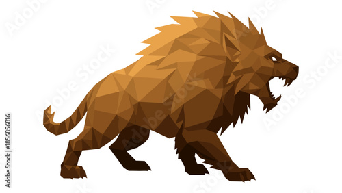 Geometric low poly lion roaring with fierce expression on white background