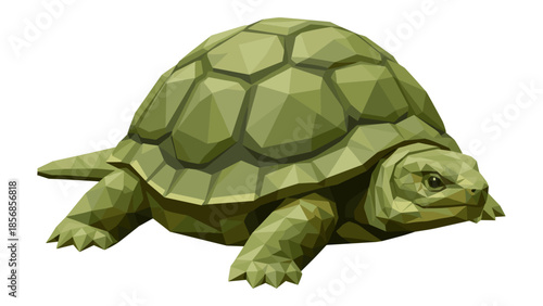 Low poly green tortoise on white background featuring geometric design