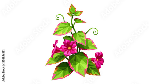 Geometric polygonal floral design with vibrant pink morning glory and green leaves