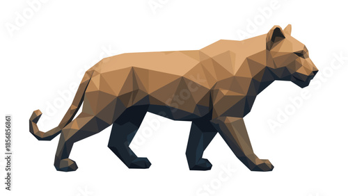 Geometric low poly lioness walking on white background