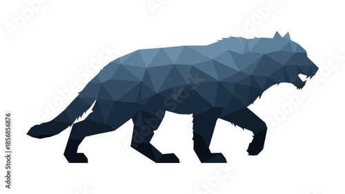 Geometric low poly silhouette of a roaring wild cat on white background