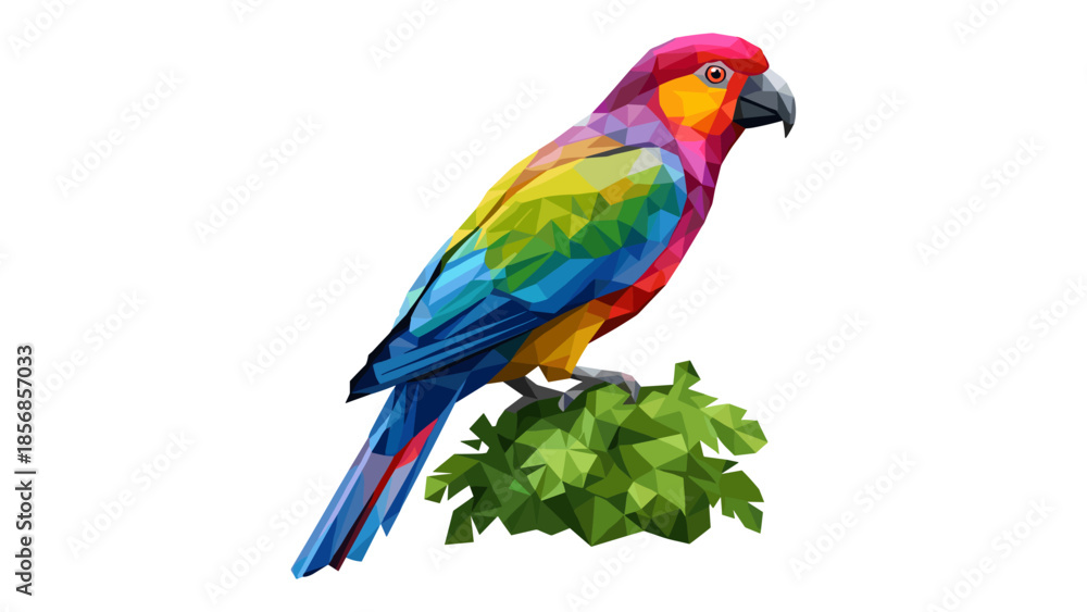 Fototapeta premium Colorful low poly parrot perched on leaves with vibrant geometric design