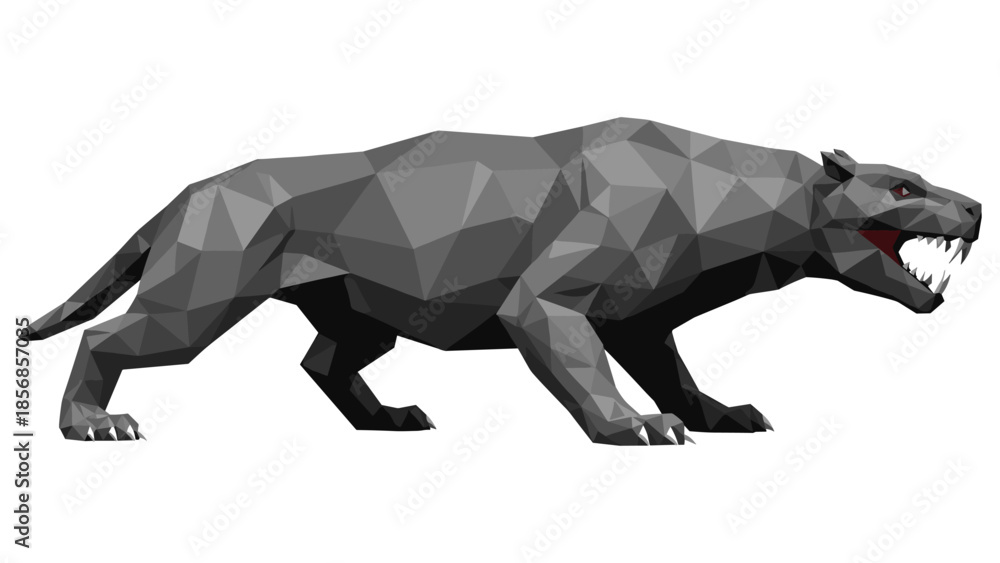 Fototapeta premium Low poly panther with sharp teeth and red eyes in aggressive pose