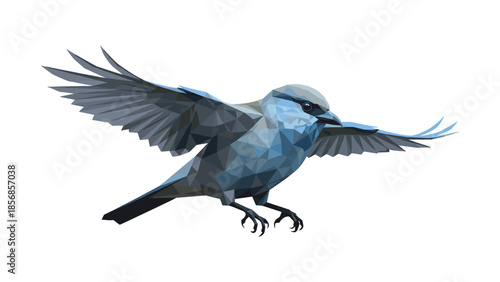 Low poly bird in flight with geometric design against white background