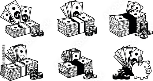 Money stacks with coins and piggy bank black and white vector illustration for finance and savings concepts
