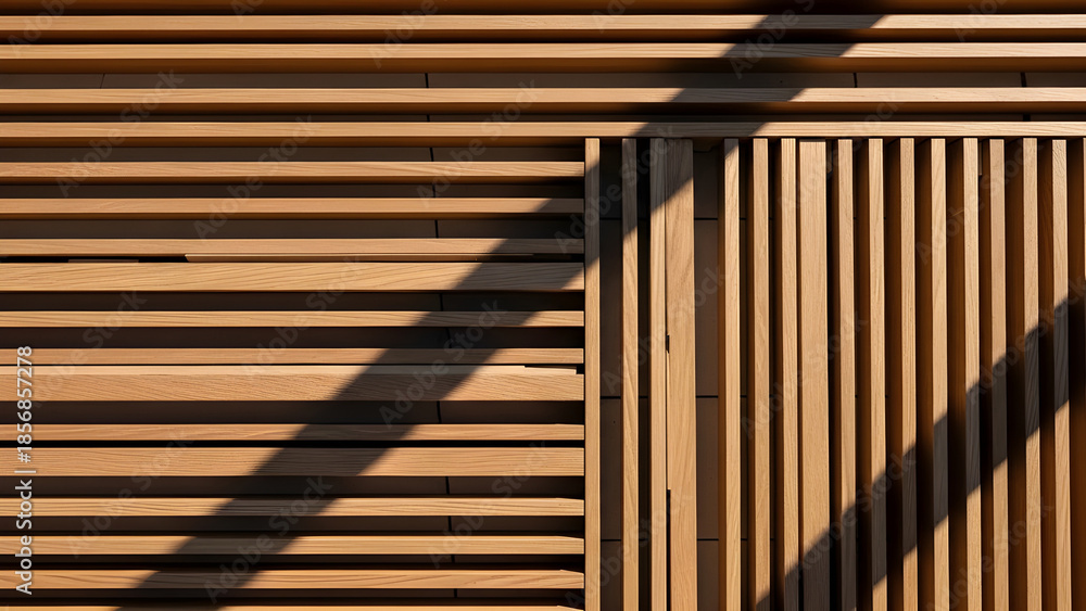 Obraz premium A modern wooden architectural facade featuring a geometric pattern of horizontal and vertical slats