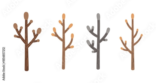 Set of four stylized coat rack designs with branches on a white background