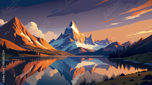 Very beautiful evening panorama of Bachalpsee reflecting rugged alpine peaks, glowing autumn colors, and dramatic clouds, creating a calm, mirror-like mountain lake scene.