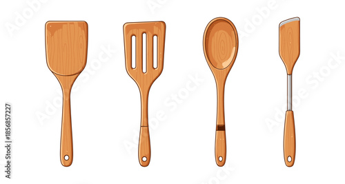 Set of four wooden kitchen utensils including spatulas and spoon