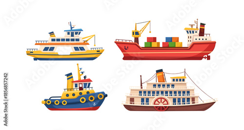 Collection of four distinct cartoon-style watercraft on a white background