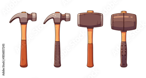 Collection of four cartoon hammers and mallets with wooden handles