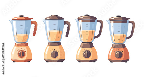 Four different blenders with orange bases and clear jars filled with yellow liquid