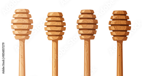 Four wooden honey dippers with grooves on a white background