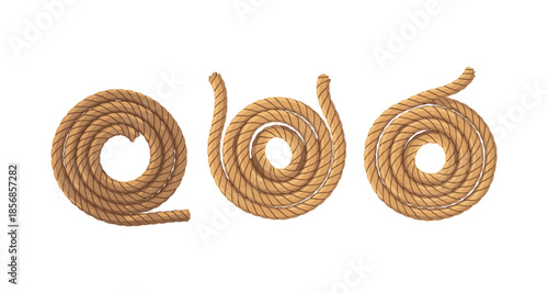 Three coiled ropes in different spiral shapes on a white background