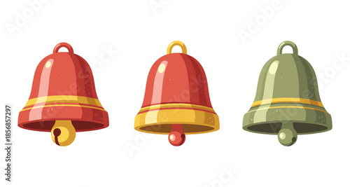 Three cartoon bells in red and green with gold accents on a white background