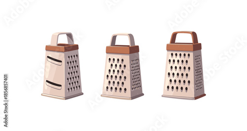 Three different kitchen graters with handles arranged in a row on a white background