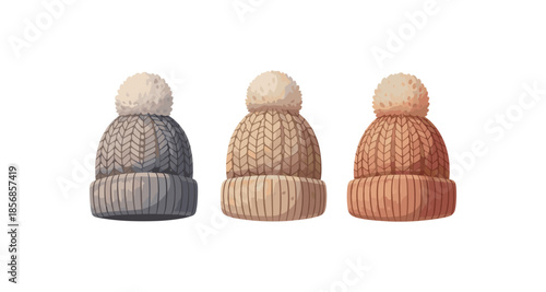 Three knitted winter hats with pom-poms in different colors on a white background