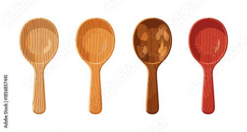 Four wooden spoons in different colors and wood grains on a white background