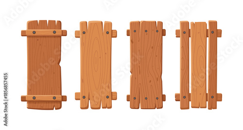 Collection of rustic wooden planks and fence sections with visible grain and nails