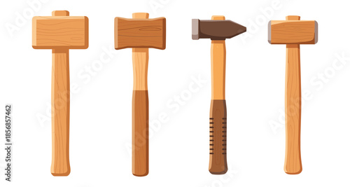 Collection of four different hammers with wooden handles and heads